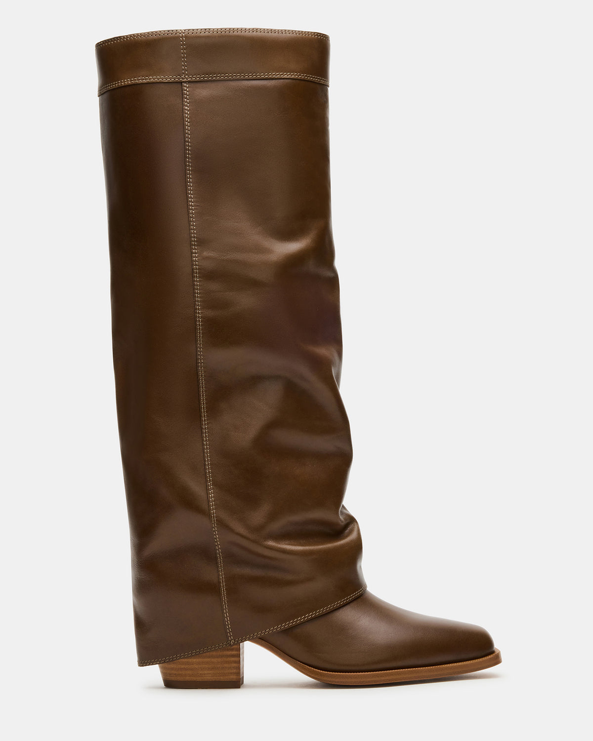 Steve Madden WINNICK Olive Leather Knee-High Cuffed Fold-Over Block Heel Women's Boot