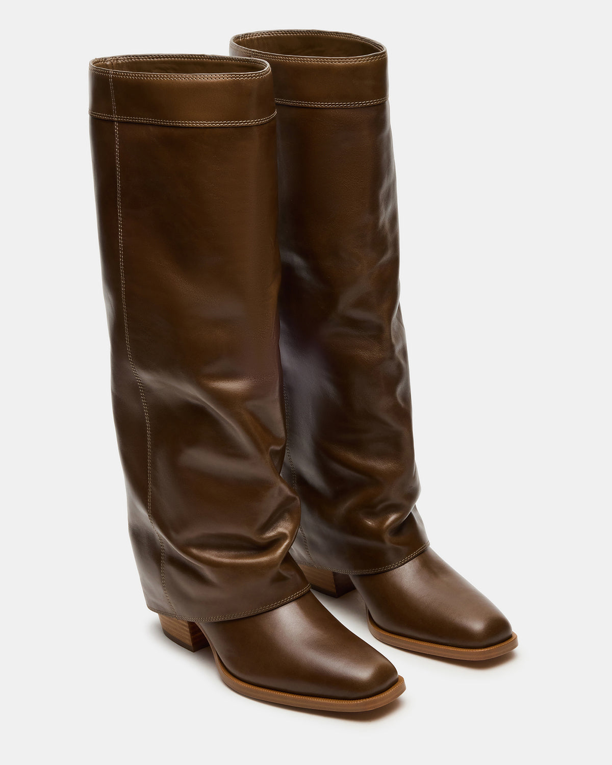 Steve Madden WINNICK Olive Leather Knee-High Cuffed Fold-Over Block Heel Women's Boot