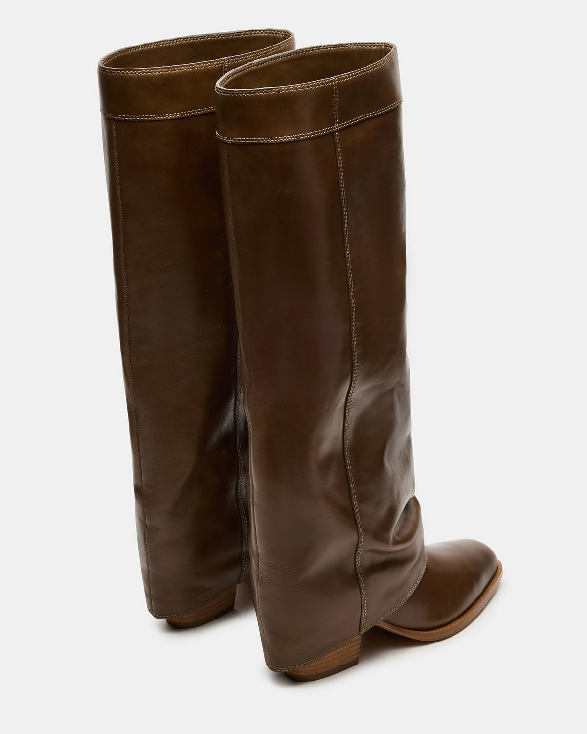 Steve Madden WINNICK Olive Leather Knee-High Cuffed Fold-Over Block Heel Women's Boot