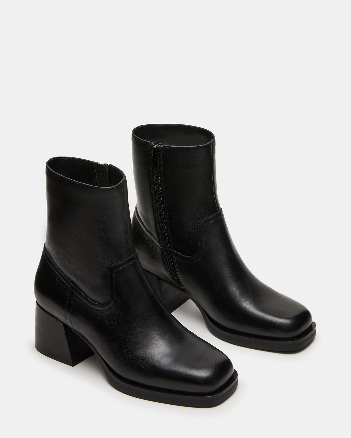 Steve Madden LATCHES Black Leather Square-Toe Block Heel Women's Ankle Boot