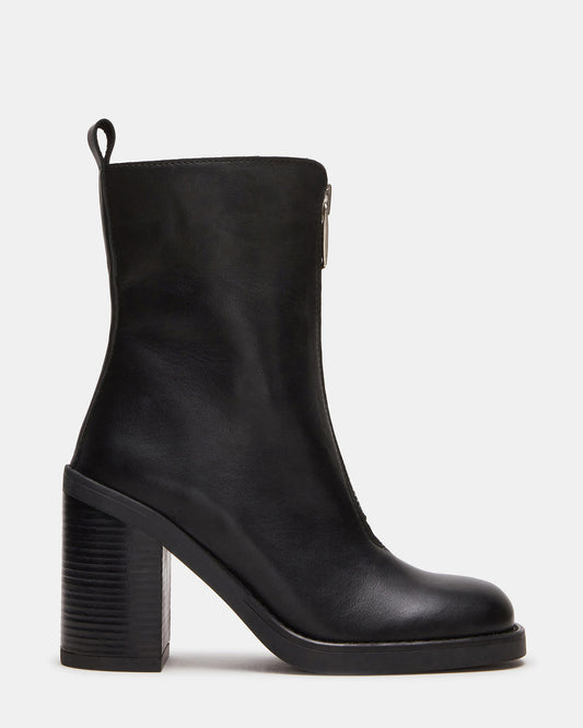 Steve Madden DECLAN Black Leather Block Heeled Ankle Boot | Women's Booties