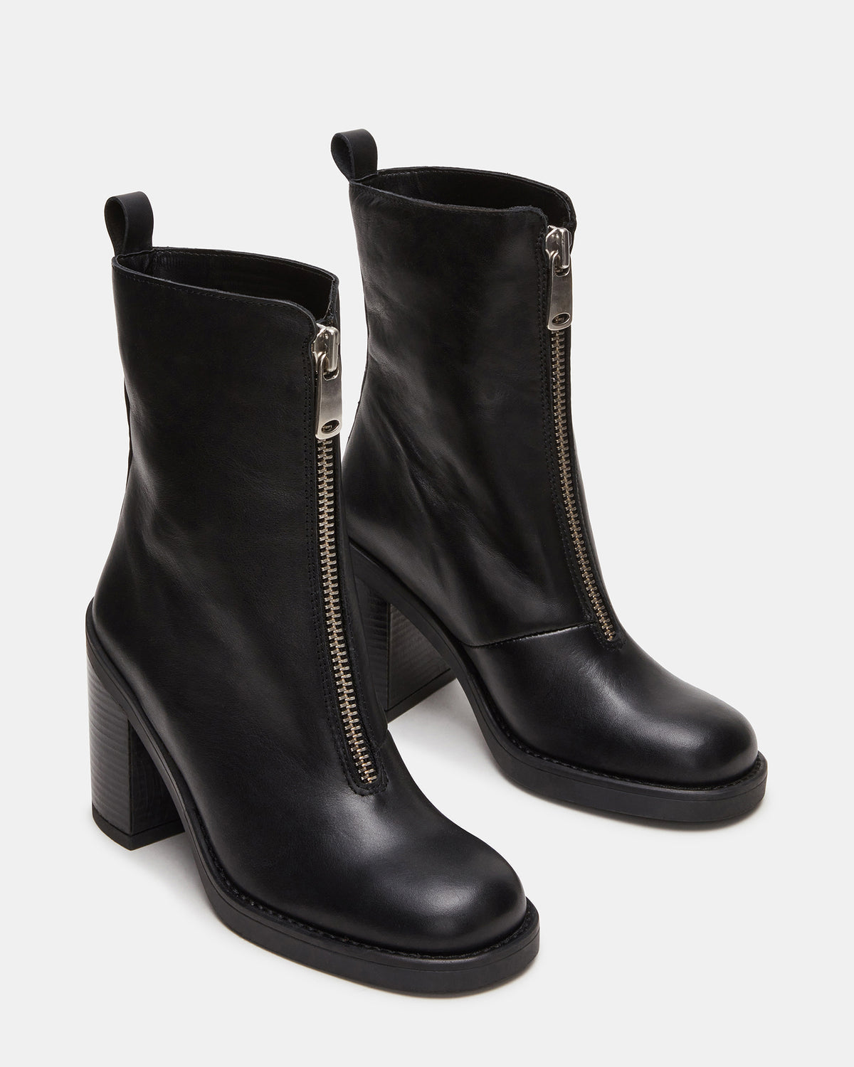Steve Madden DECLAN Black Leather Block Heeled Ankle Boot | Women's Booties