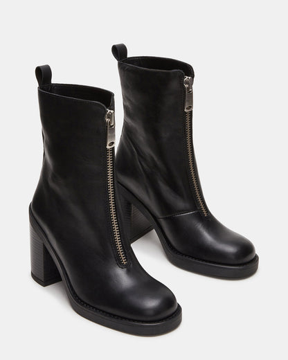 Steve Madden DECLAN Black Leather Block Heeled Ankle Boot | Women's Booties