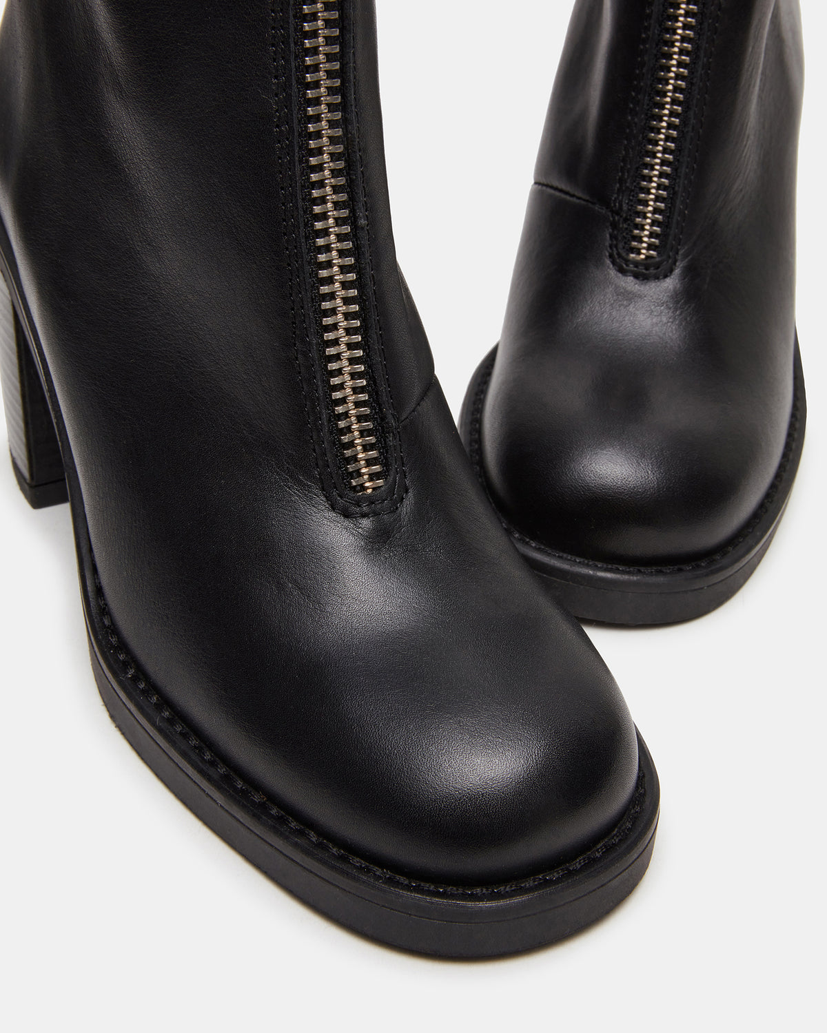Steve Madden DECLAN Black Leather Block Heeled Ankle Boot | Women's Booties