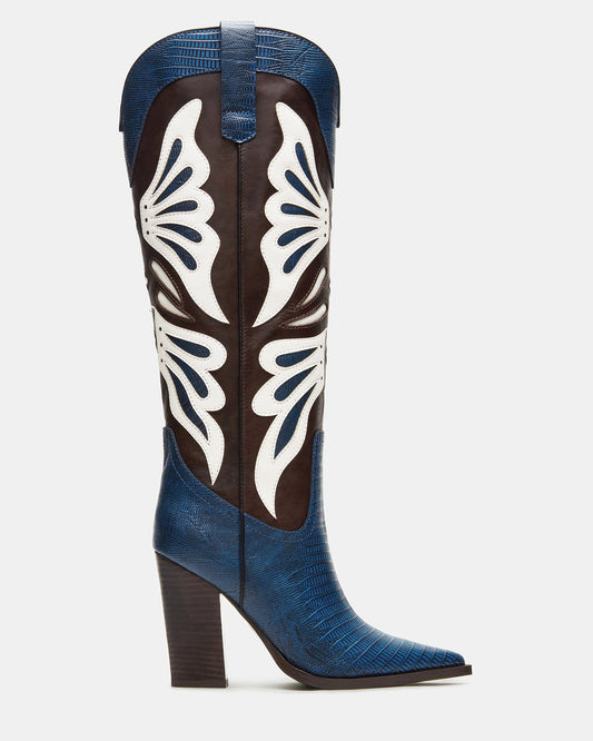 Steve Madden KAZ Blue/White Pointed-Toe Knee-High Block Heel Western Women's Boot