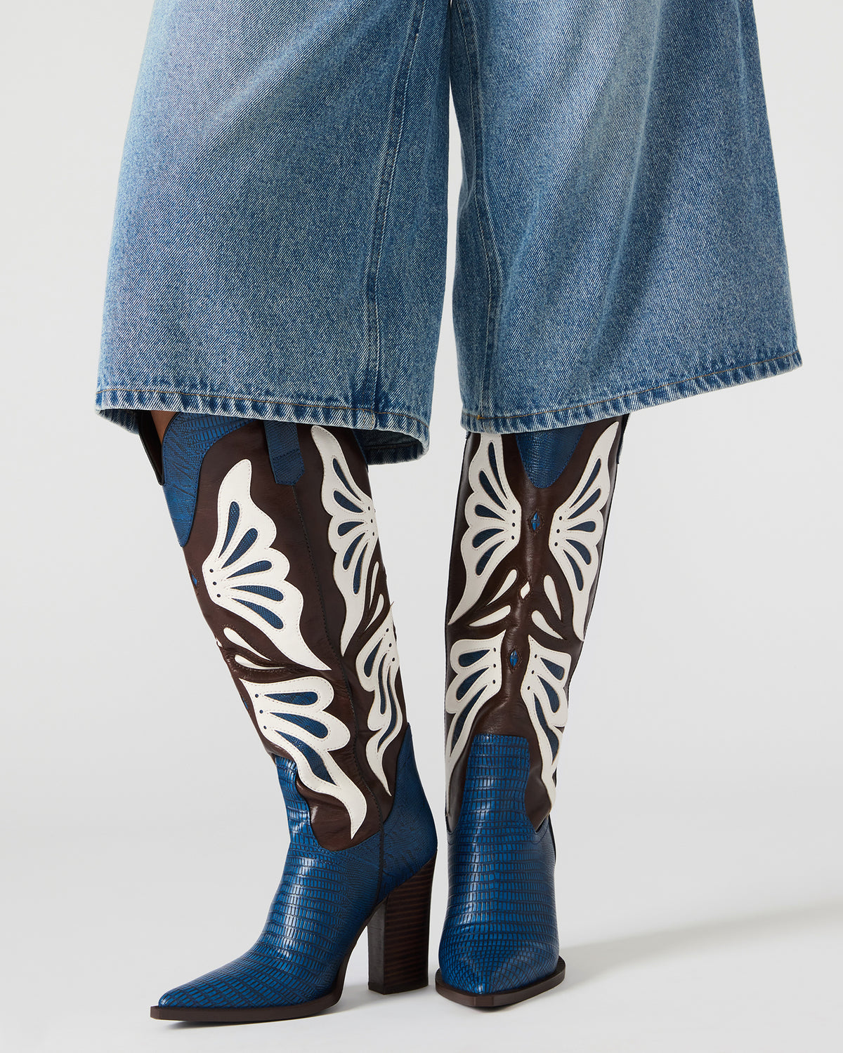 Steve Madden KAZ Blue/White Pointed-Toe Knee-High Block Heel Western Women's Boot