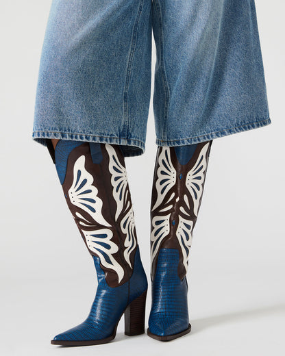Steve Madden KAZ Blue/White Pointed-Toe Knee-High Block Heel Western Women's Boot