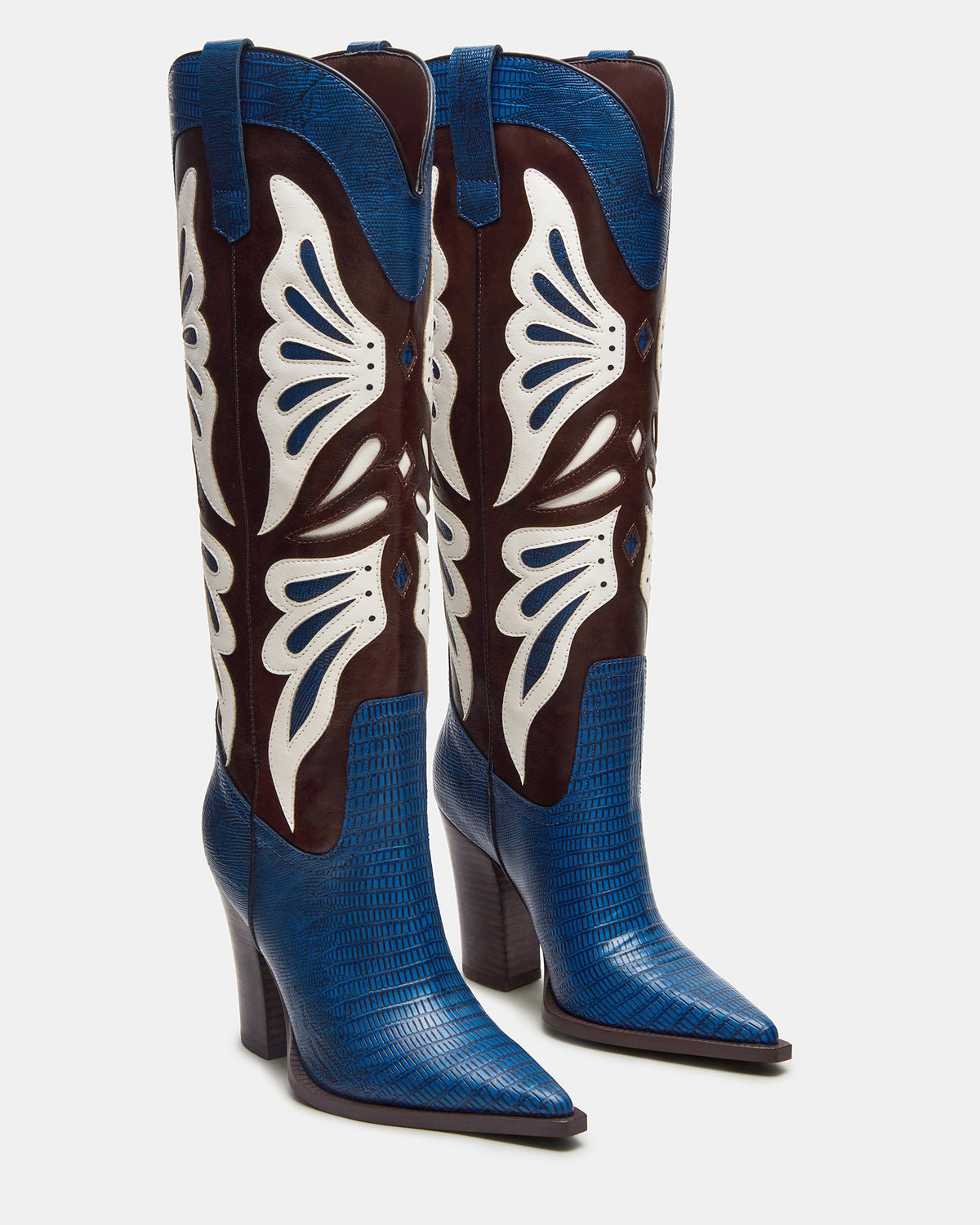 Steve Madden KAZ Blue/White Pointed-Toe Knee-High Block Heel Western Women's Boot