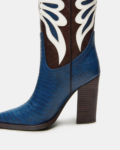 Steve Madden KAZ Blue/White Pointed-Toe Knee-High Block Heel Western Women's Boot