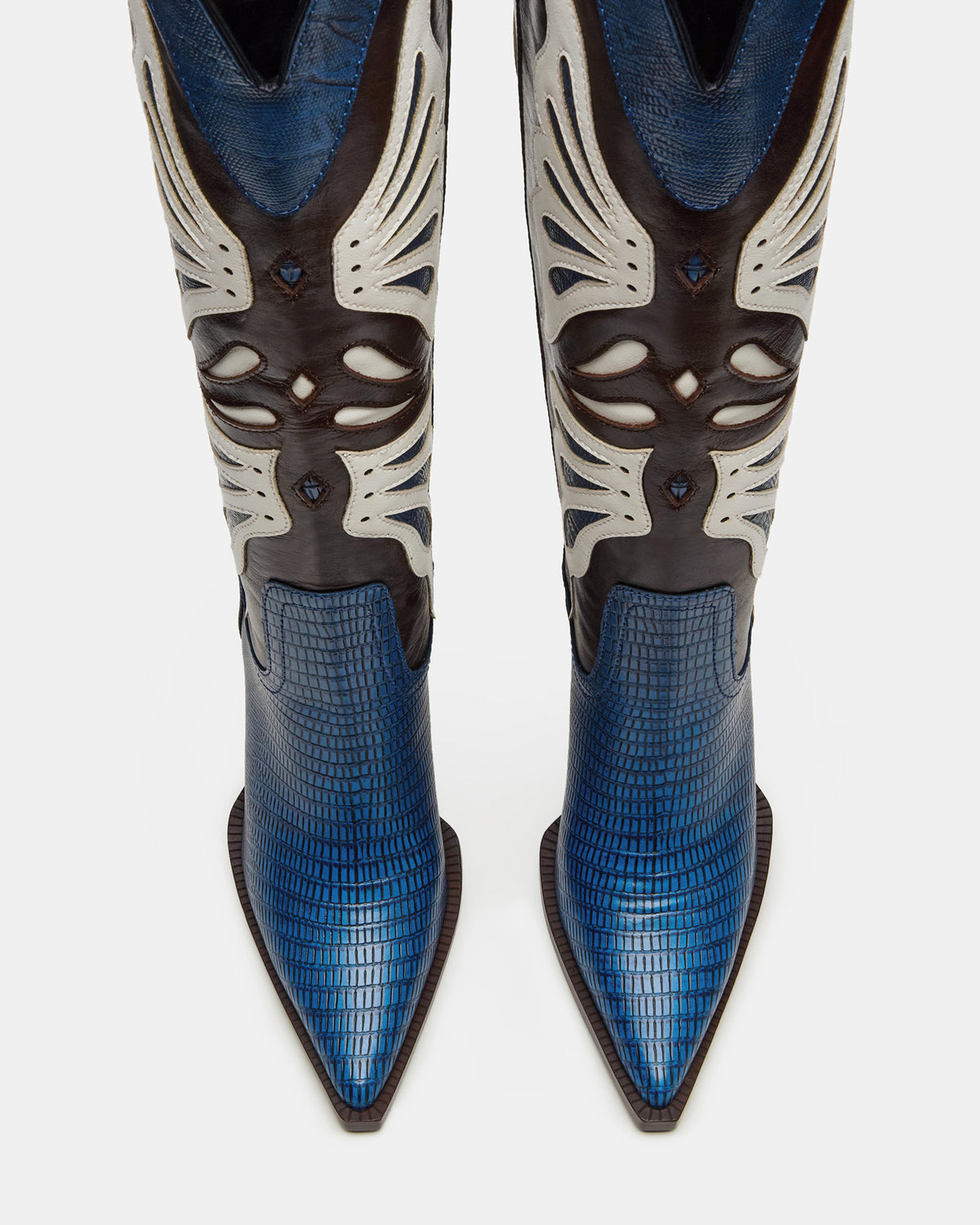 Steve Madden KAZ Blue/White Pointed-Toe Knee-High Block Heel Western Women's Boot