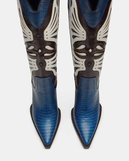 Steve Madden KAZ Blue/White Pointed-Toe Knee-High Block Heel Western Women's Boot