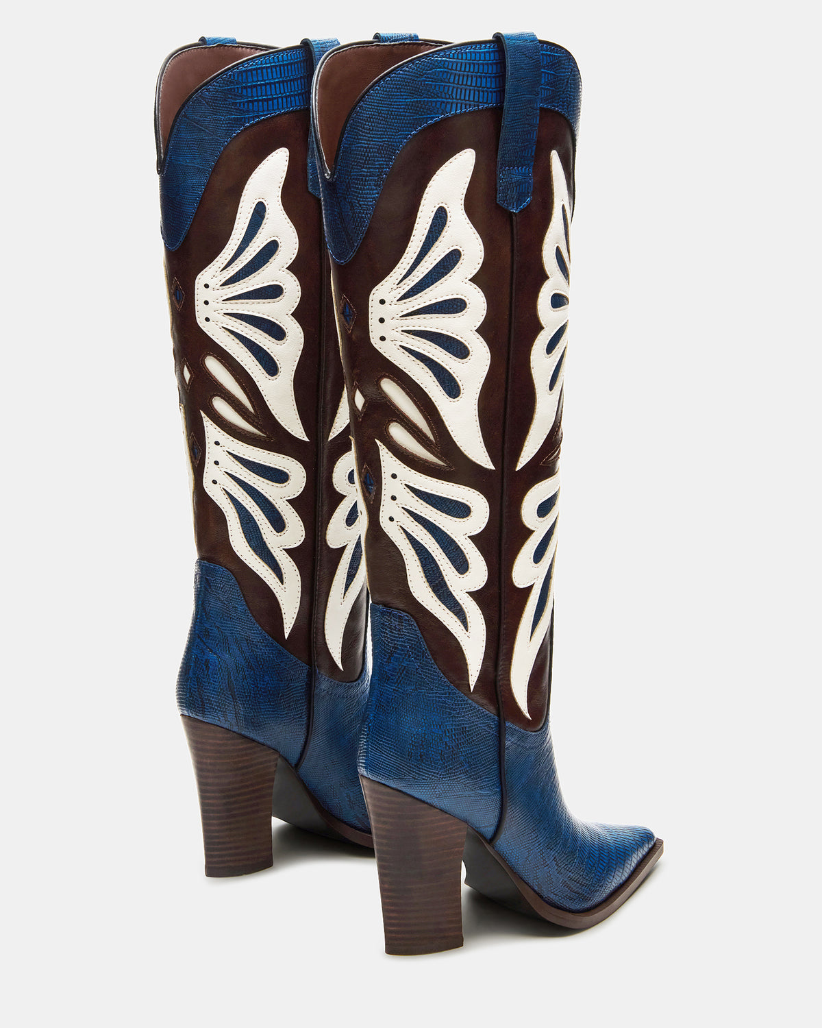 Steve Madden KAZ Blue/White Pointed-Toe Knee-High Block Heel Western Women's Boot