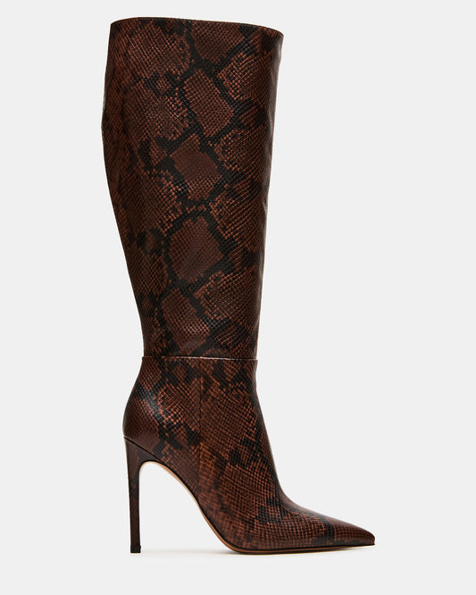 Steve Madden NITRO Brown Snake Wife Calf Pointed-Toe Stiletto Heel Knee-High Women's Boots