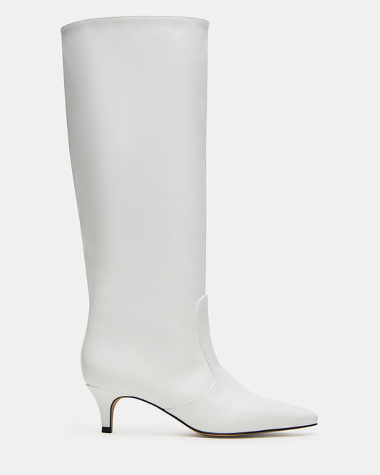 Steve Madden LANDER White Leather Knee-High Kitten Heel Women's Boot
