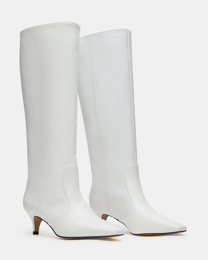 Steve Madden LANDER White Leather Knee-High Kitten Heel Women's Boot