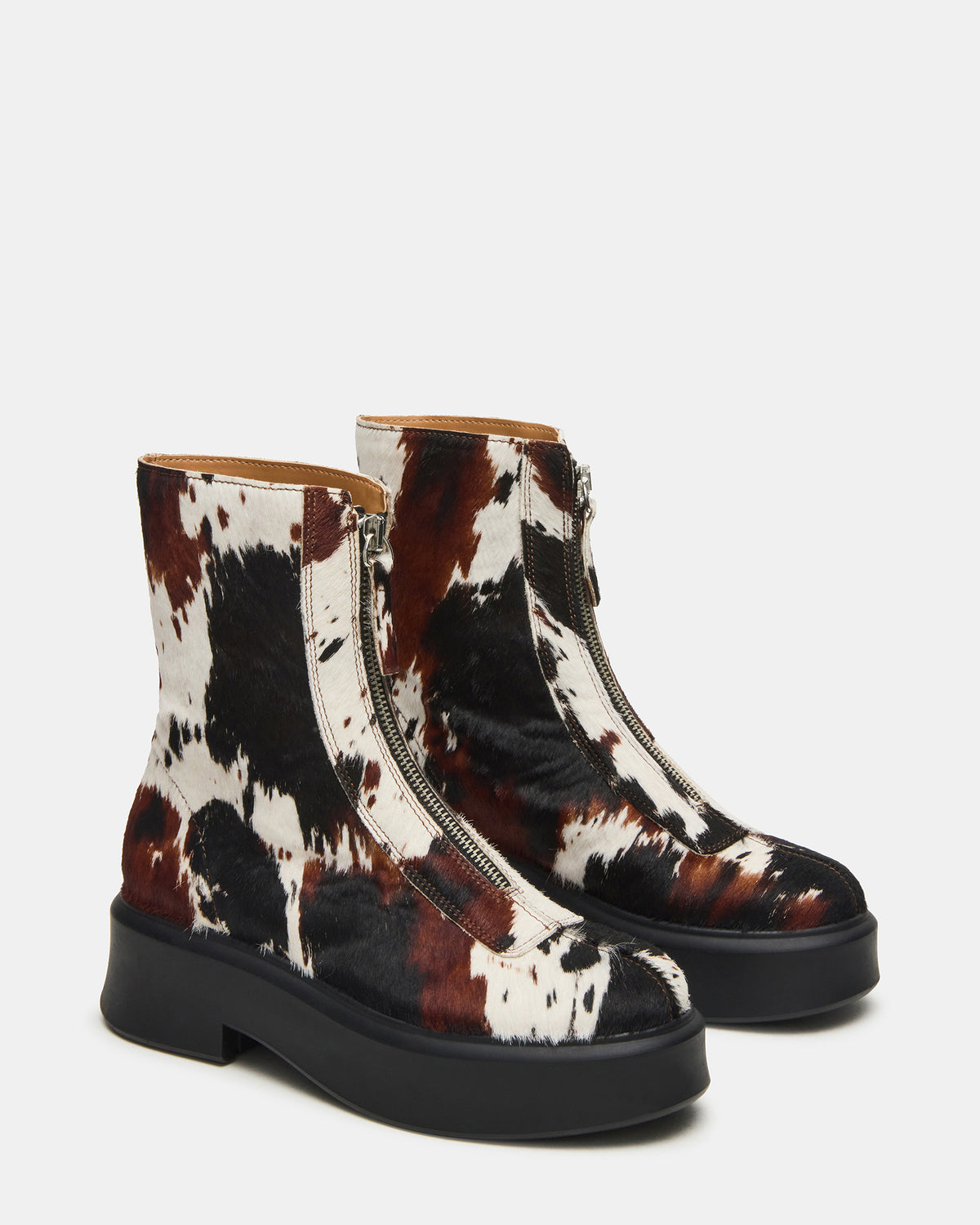 Steve Madden JONES Brown Cow Print Zipper Lug Women's Ankle Boot