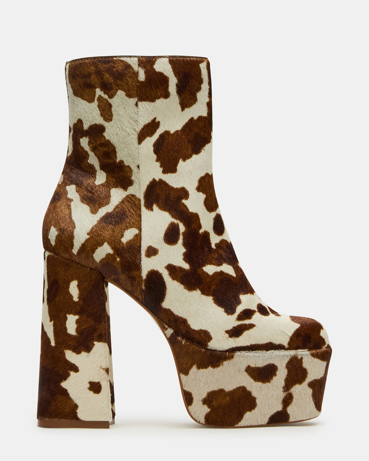 Steve Madden TRILLION Brown Cow Print Platform Square-Toe Block Heel Women's Ankle Boot