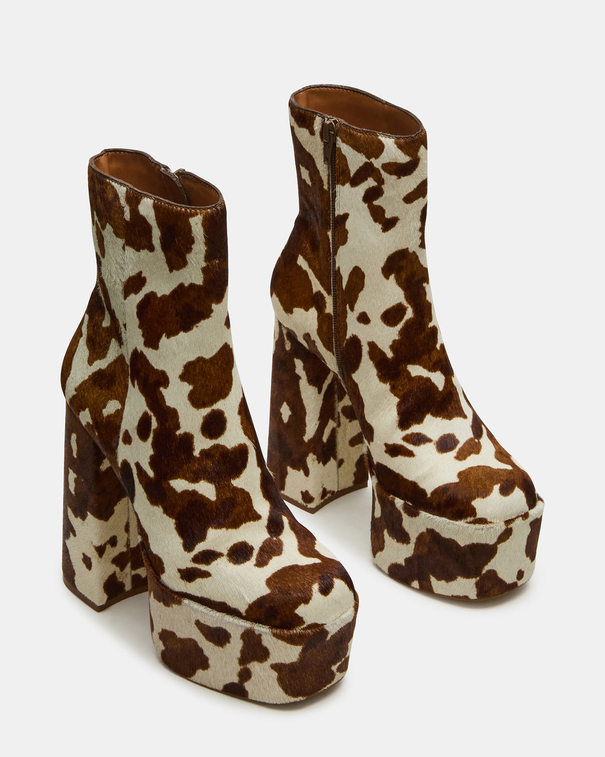 Steve Madden TRILLION Brown Cow Print Platform Square-Toe Block Heel Women's Ankle Boot