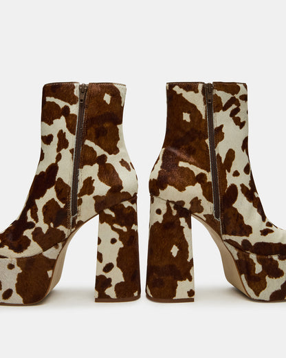 Steve Madden TRILLION Brown Cow Print Platform Square-Toe Block Heel Women's Ankle Boot