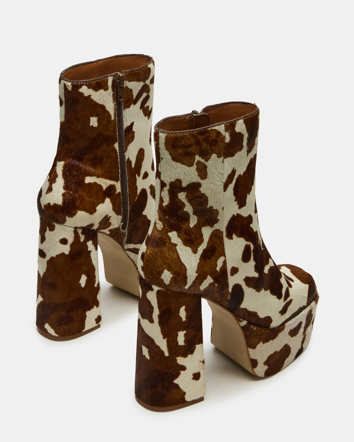 Steve Madden TRILLION Brown Cow Print Platform Square-Toe Block Heel Women's Ankle Boot