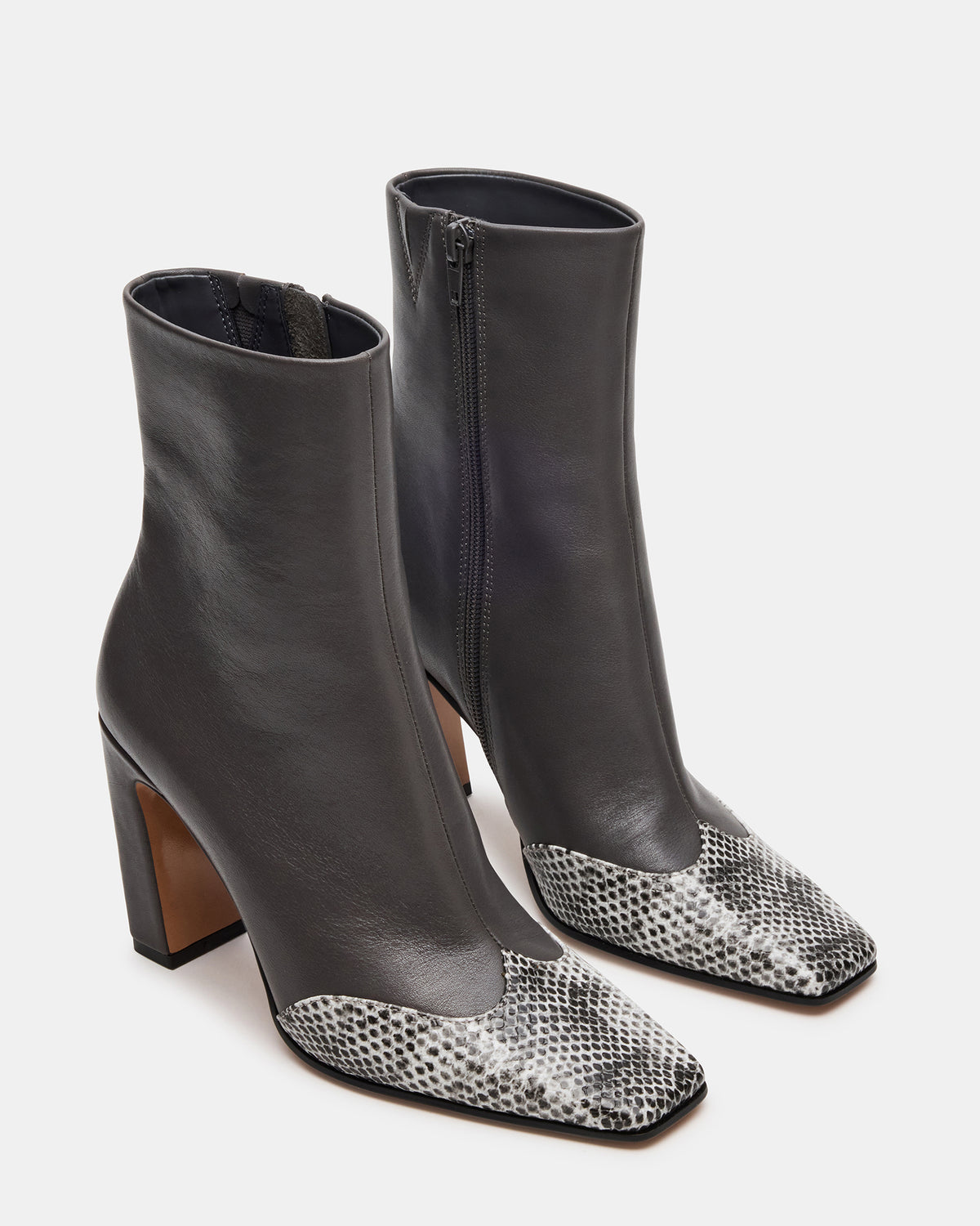 Steve Madden LYLE Grey Leather Square-Toe Heeled Women's Ankle Boot