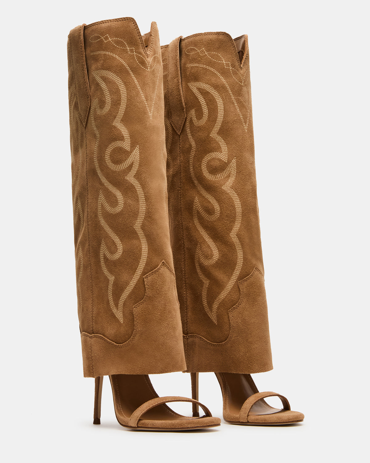 Steve Madden RAVINE Western Tan Suede Knee-High Cuffed Stiletto Heel Women's Boot