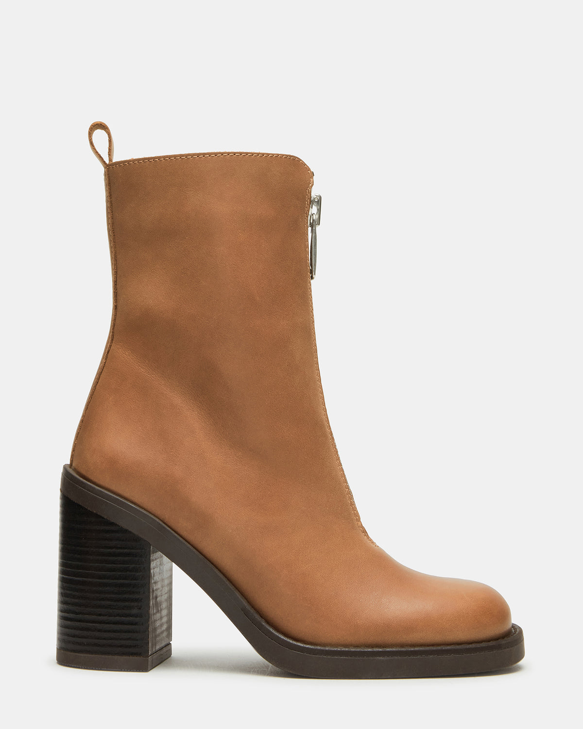 Steve Madden DECLAN Cognac Leather Block Heeled Ankle Boot | Women's Booties