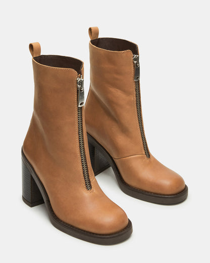 Steve Madden DECLAN Cognac Leather Block Heeled Ankle Boot | Women's Booties