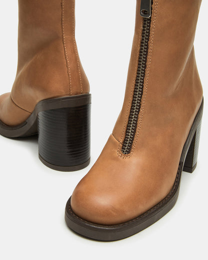 Steve Madden DECLAN Cognac Leather Block Heeled Ankle Boot | Women's Booties