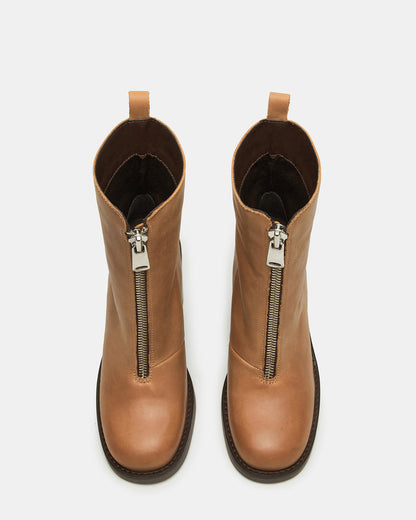 Steve Madden DECLAN Cognac Leather Block Heeled Ankle Boot | Women's Booties