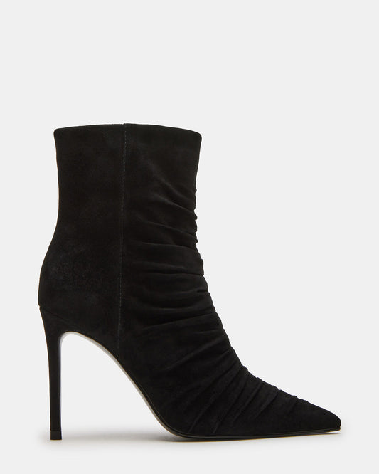 Steve Madden TEASE Black Suede Ruched Pointed Toe Ankle Boot | Women's Booties