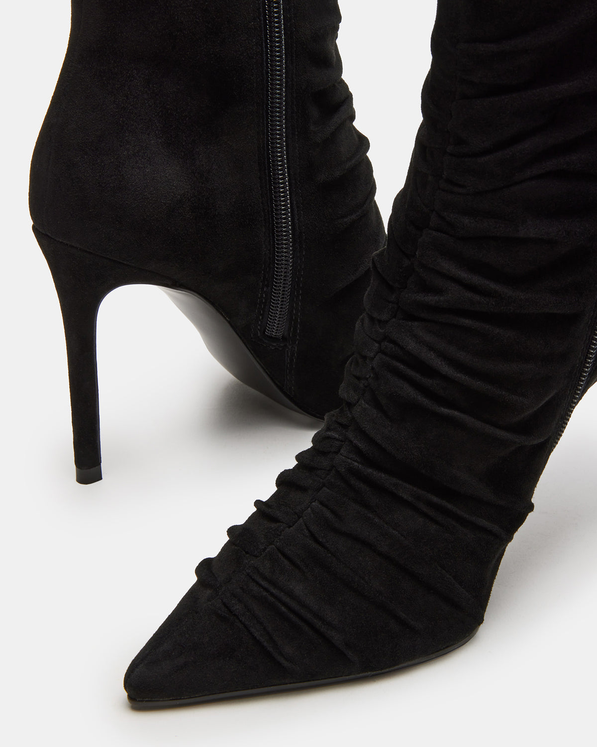 Steve Madden TEASE Black Suede Ruched Pointed Toe Ankle Boot | Women's Booties