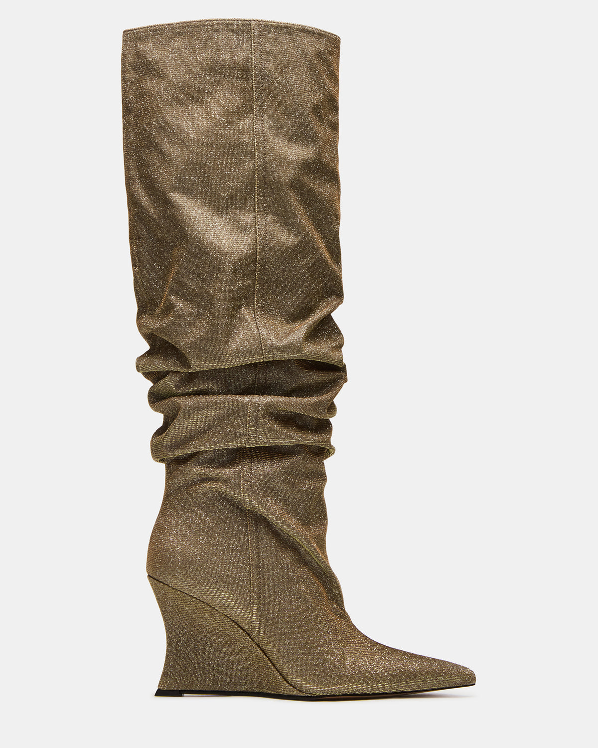 Steve Madden DISTORTION Gold Glitter Pointed-Toe Scrunched Knee-High Wedge Women's Boot