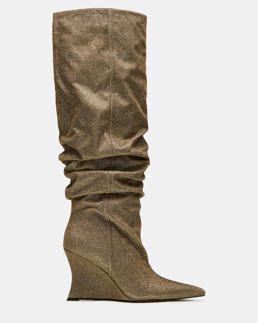 Steve Madden DISTORTION Gold Glitter Pointed-Toe Scrunched Knee-High Wedge Women's Boot