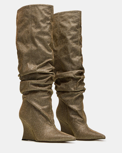 Steve Madden DISTORTION Gold Glitter Pointed-Toe Scrunched Knee-High Wedge Women's Boot