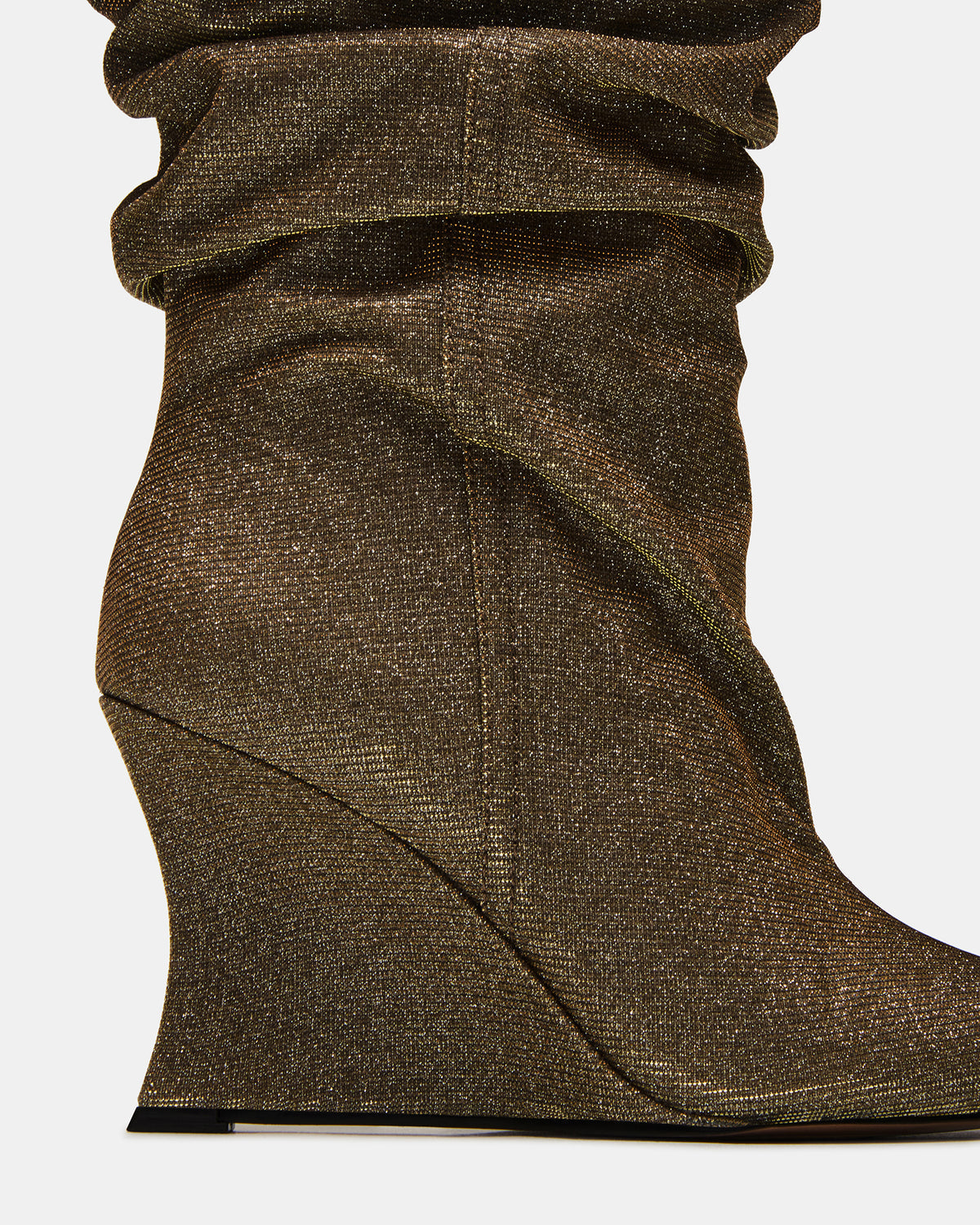 Steve Madden DISTORTION Gold Glitter Pointed-Toe Scrunched Knee-High Wedge Women's Boot