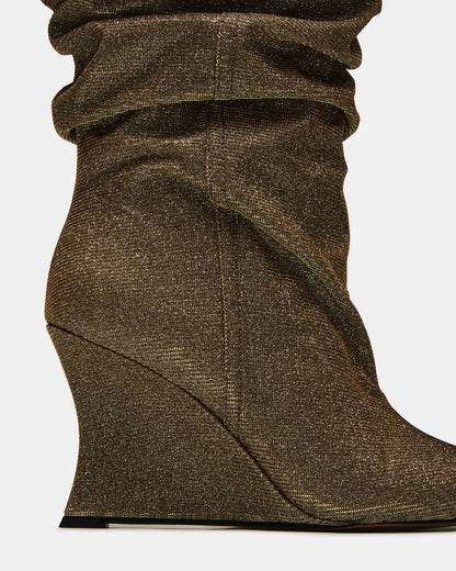 Steve Madden DISTORTION Gold Glitter Pointed-Toe Scrunched Knee-High Wedge Women's Boot