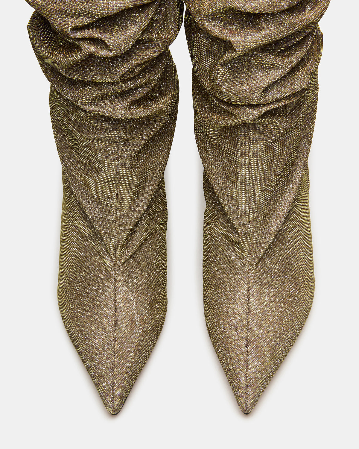 Steve Madden DISTORTION Gold Glitter Pointed-Toe Scrunched Knee-High Wedge Women's Boot