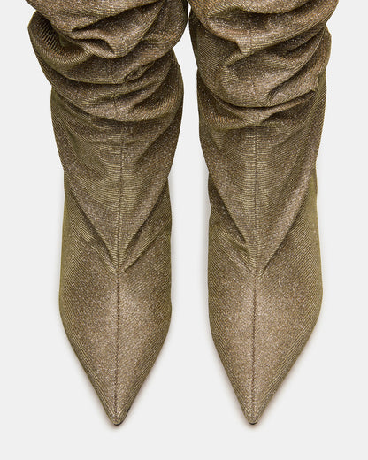 Steve Madden DISTORTION Gold Glitter Pointed-Toe Scrunched Knee-High Wedge Women's Boot