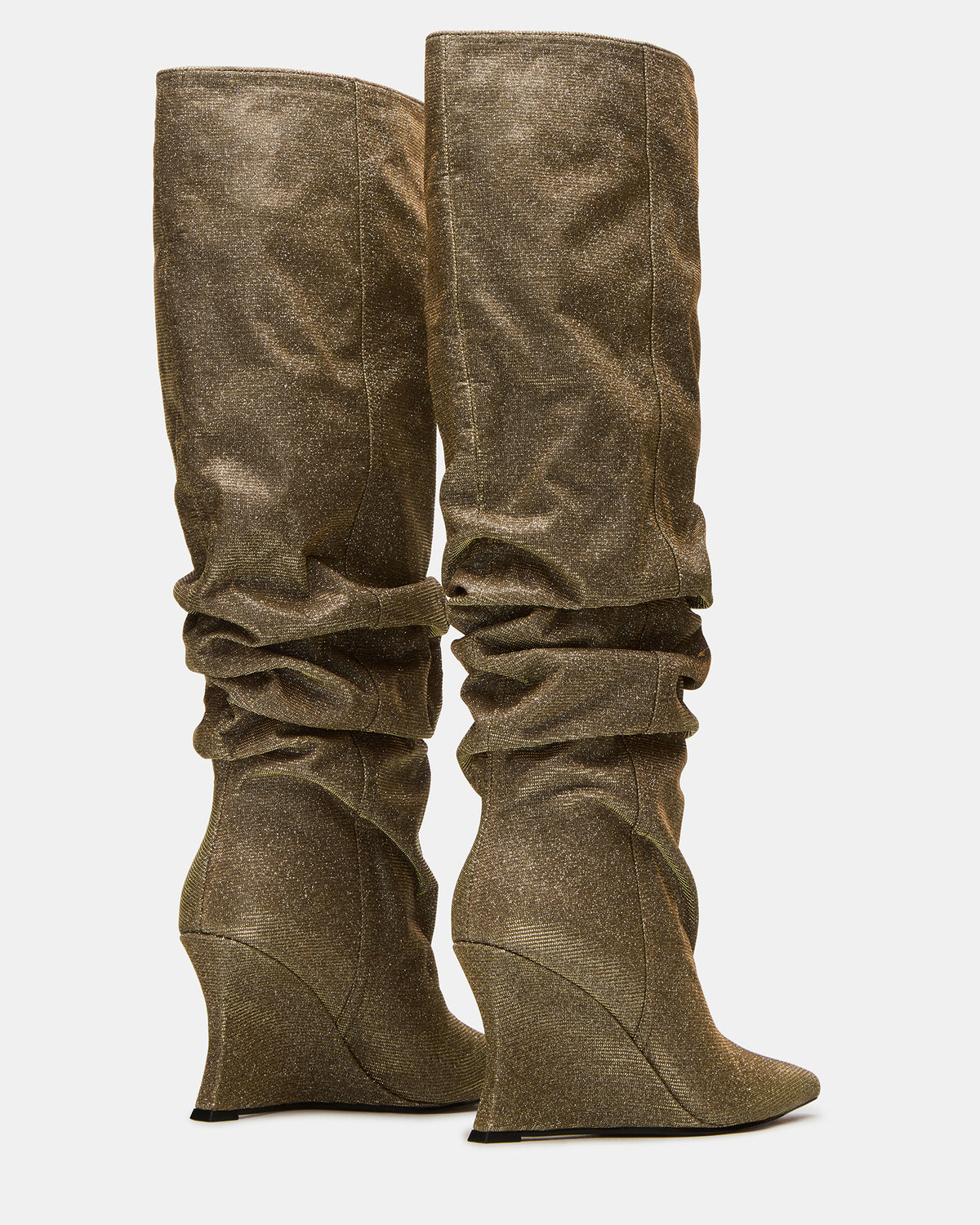 Steve Madden DISTORTION Gold Glitter Pointed-Toe Scrunched Knee-High Wedge Women's Boot