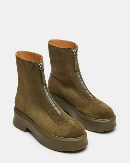 Steve Madden JONES Olive Suede Zipper Lug Women's Ankle Boot