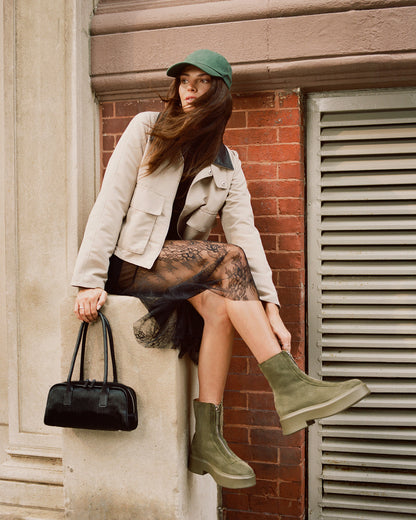 Steve Madden JONES Olive Suede Zipper Lug Women's Ankle Boot