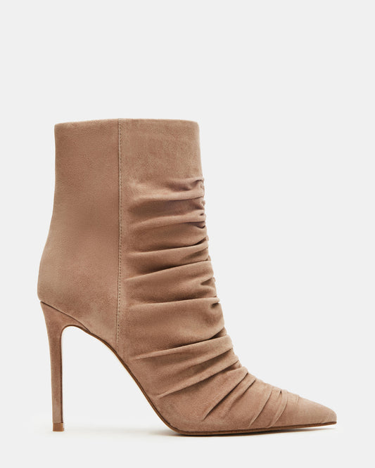 Steve Madden TEASE Taupe Suede Ruched Pointed Toe Ankle Boot | Women's Booties