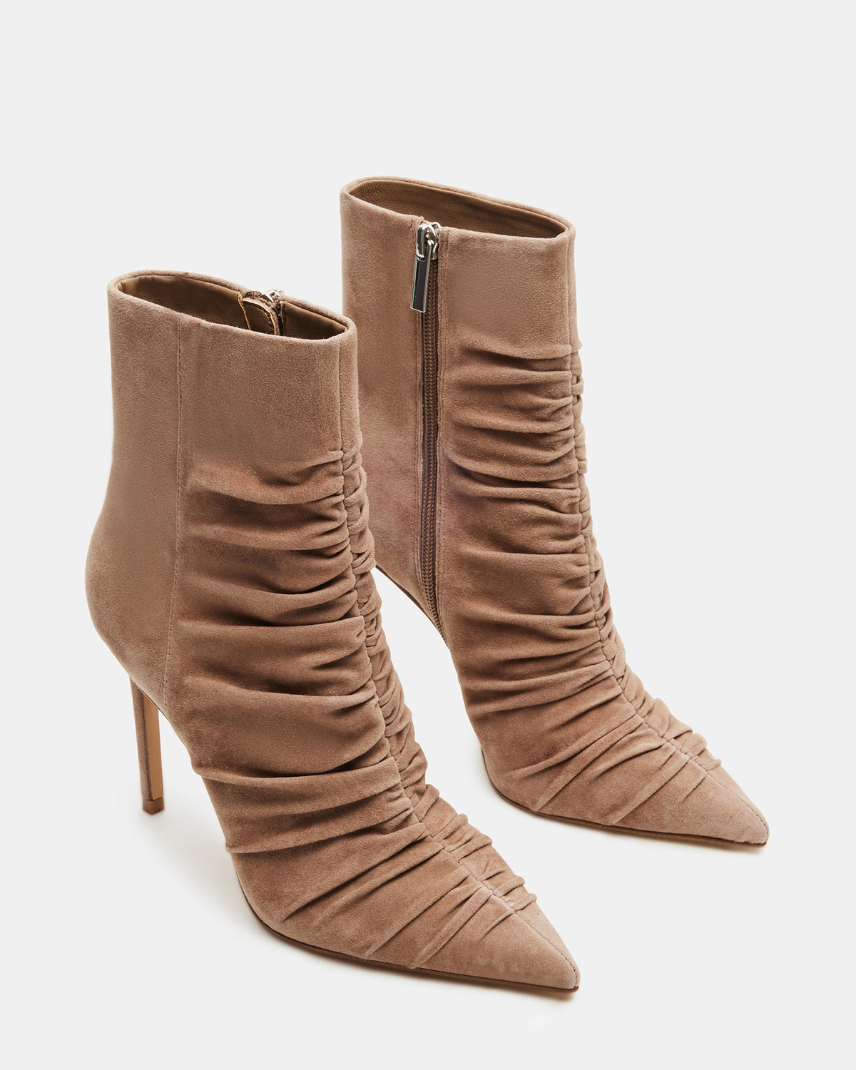 Steve Madden TEASE Taupe Suede Ruched Pointed Toe Ankle Boot | Women's Booties