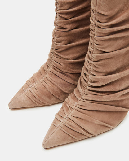 Steve Madden TEASE Taupe Suede Ruched Pointed Toe Ankle Boot | Women's Booties
