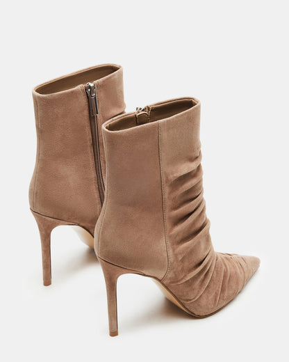 Steve Madden TEASE Taupe Suede Ruched Pointed Toe Ankle Boot | Women's Booties
