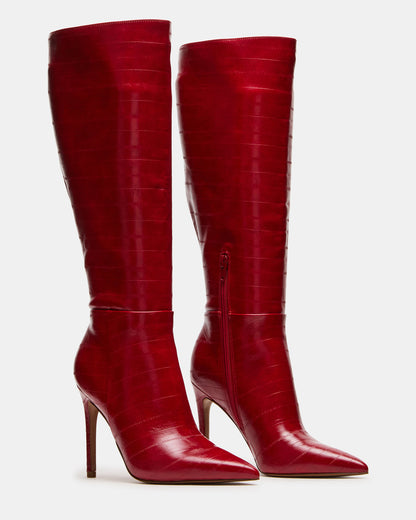 Steve Madden NITRO Red Eel Wide Calf Pointed-Toe Stiletto Heel Knee-High Women's Boots