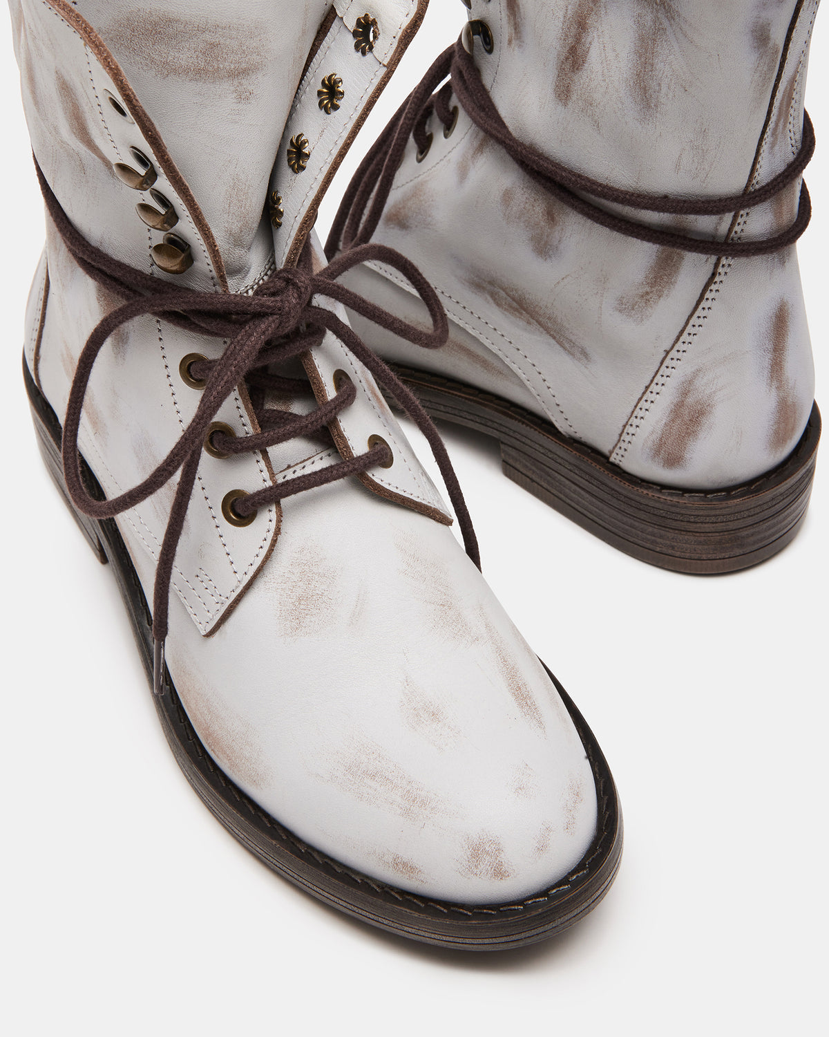 Steve Madden DEVIE White Leather Lace-Up Combat Bootie | Women's Booties