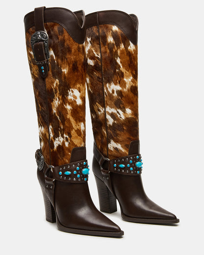 Steve Madden KOLT-H Brown Multi Pointed-Toe Knee-High Western Block Heel Women's Boot
