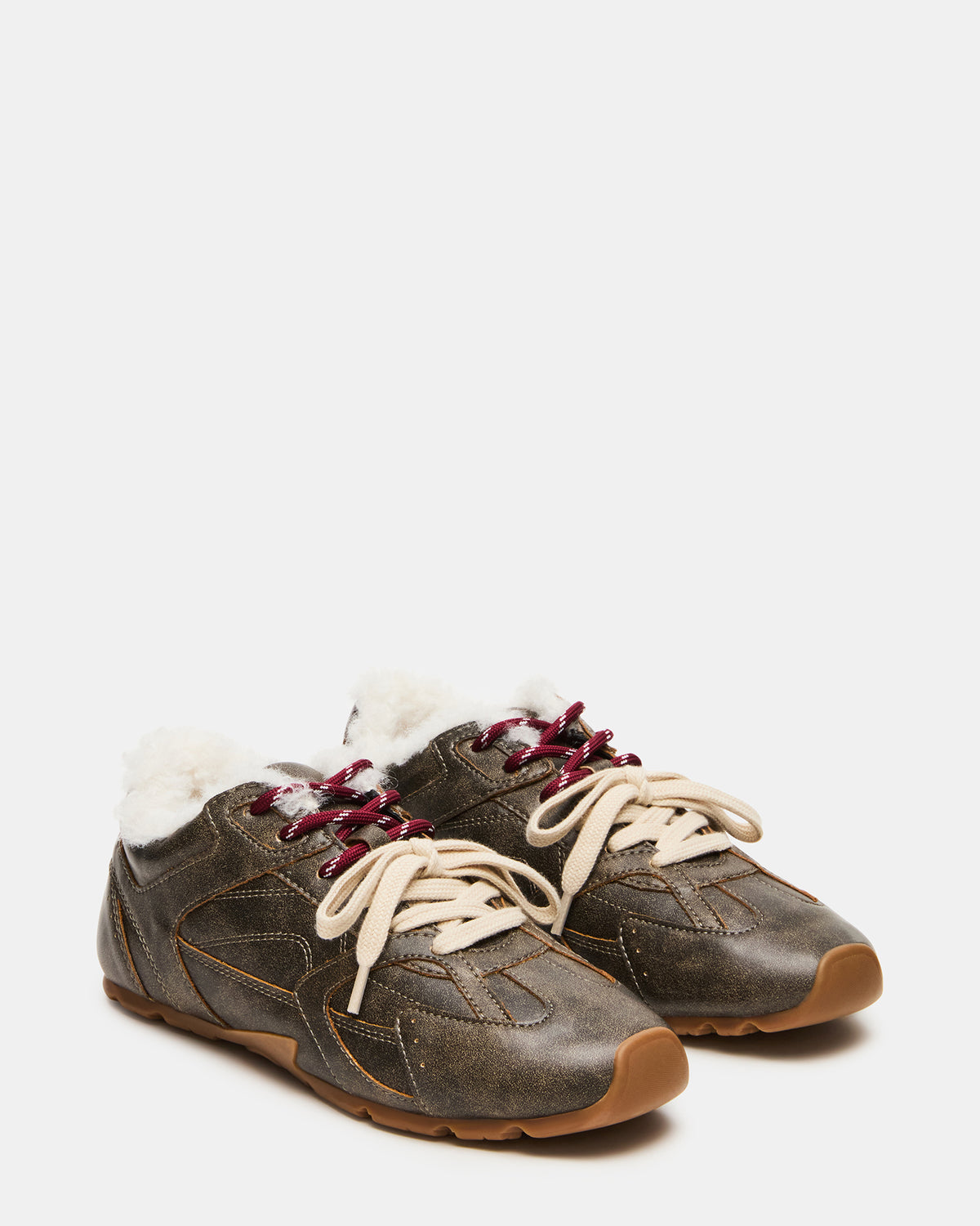 Steve Madden AZIEL Faux Fur Brown Distressed Low-Top Lace-Up Women's Sneakers